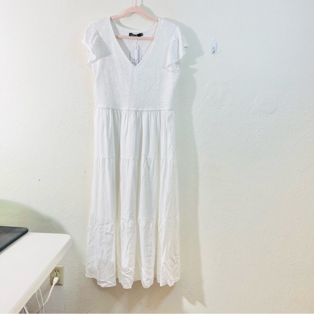 NWT Merokeety Flutter Sleeve V-Neck White Maxi Dress XL Vacation Beach Pockets - Picture 1 of 10